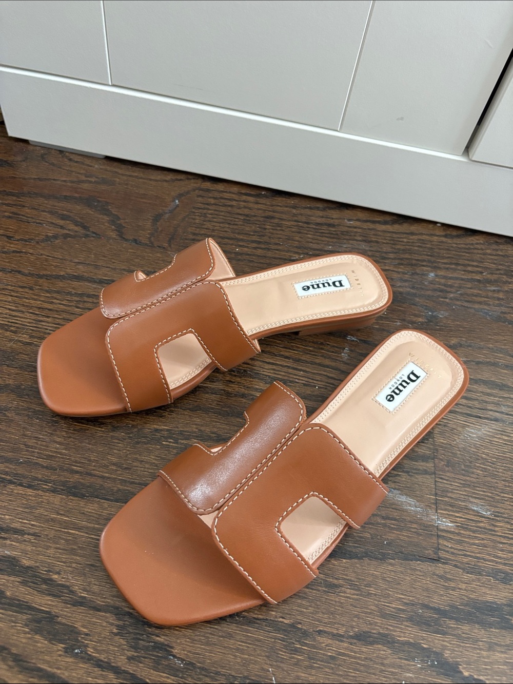 Dune London Cognac Brown Cutout Slide Sandals